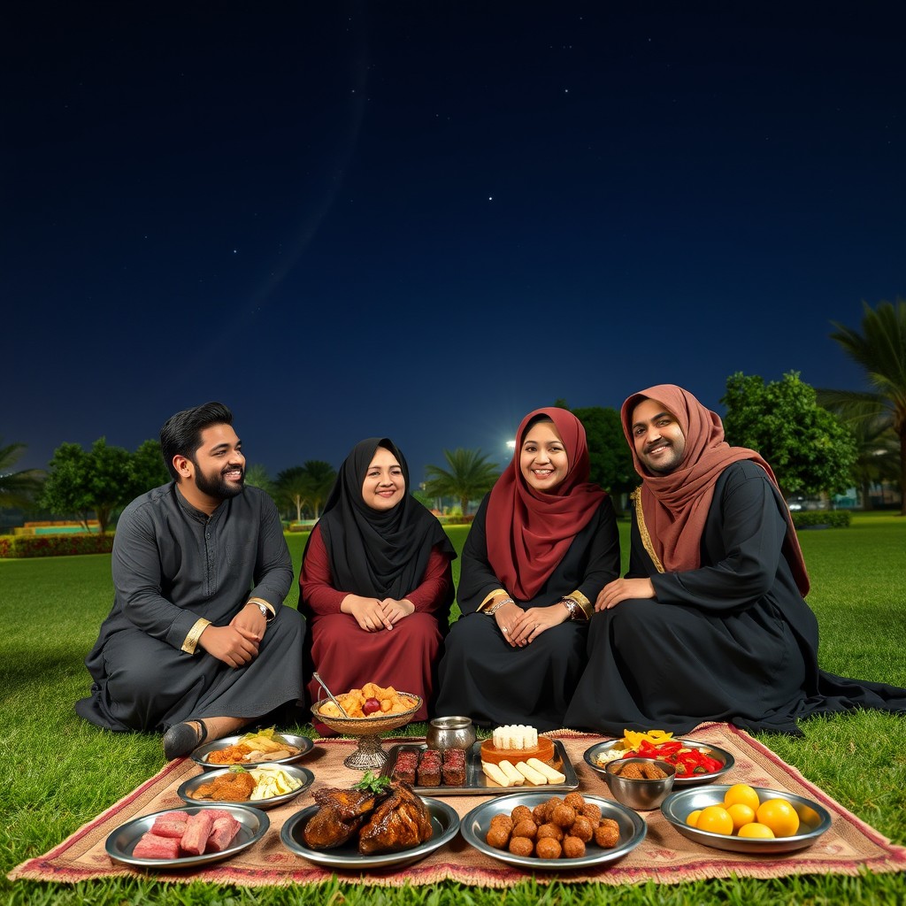 A small Omani family sitting together in a park during Eid al-Adha, enjoying their time