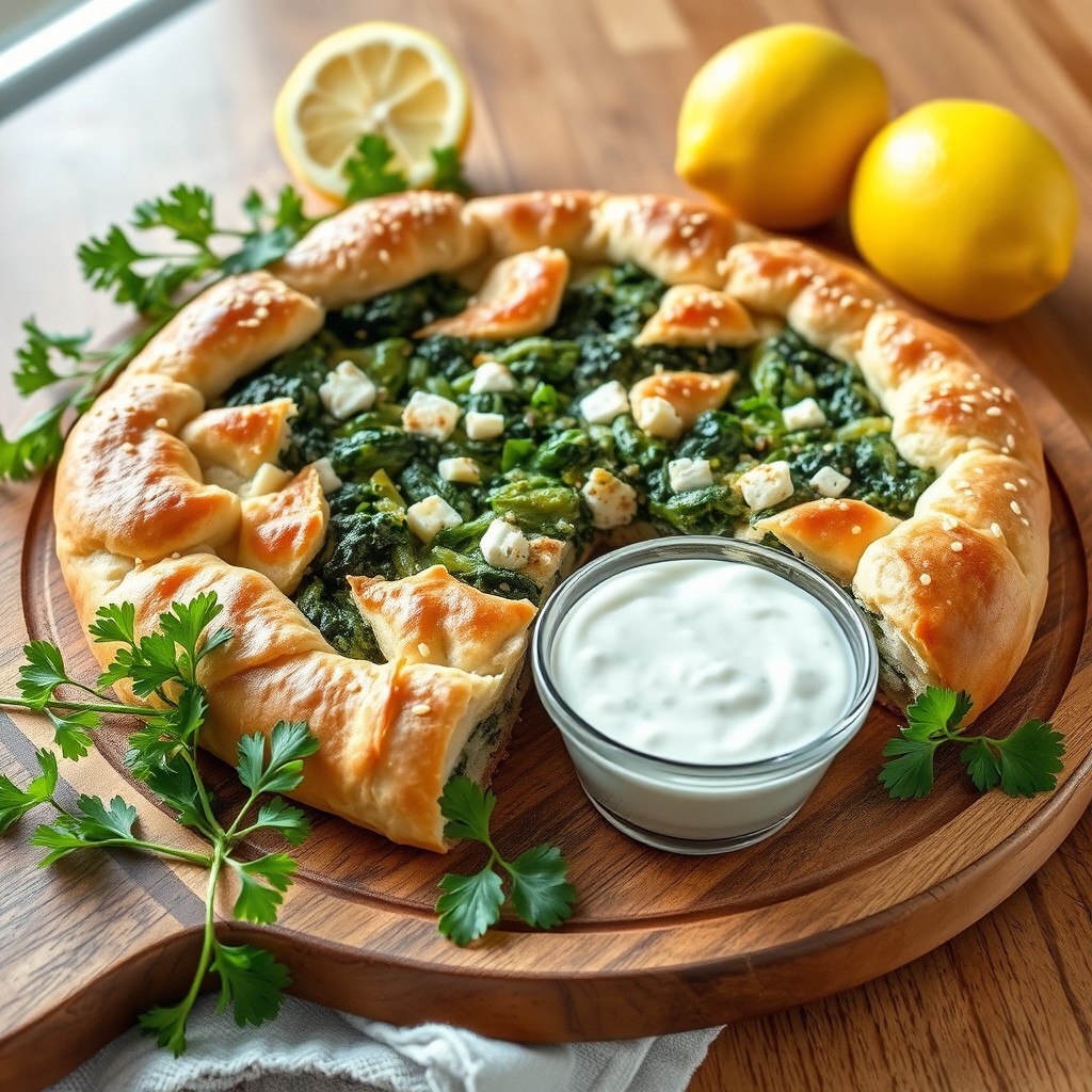 A beautifully presented spanakopita made with whole wheat pastry, showcasing a golden-brown, flaky crust filled with a delicious mixture of sautéed spinach, feta cheese, and fresh herbs