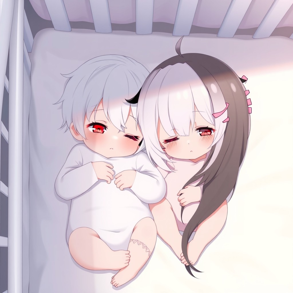 Two anime baby girls peacefully sleeping in a crib with soft white sheets