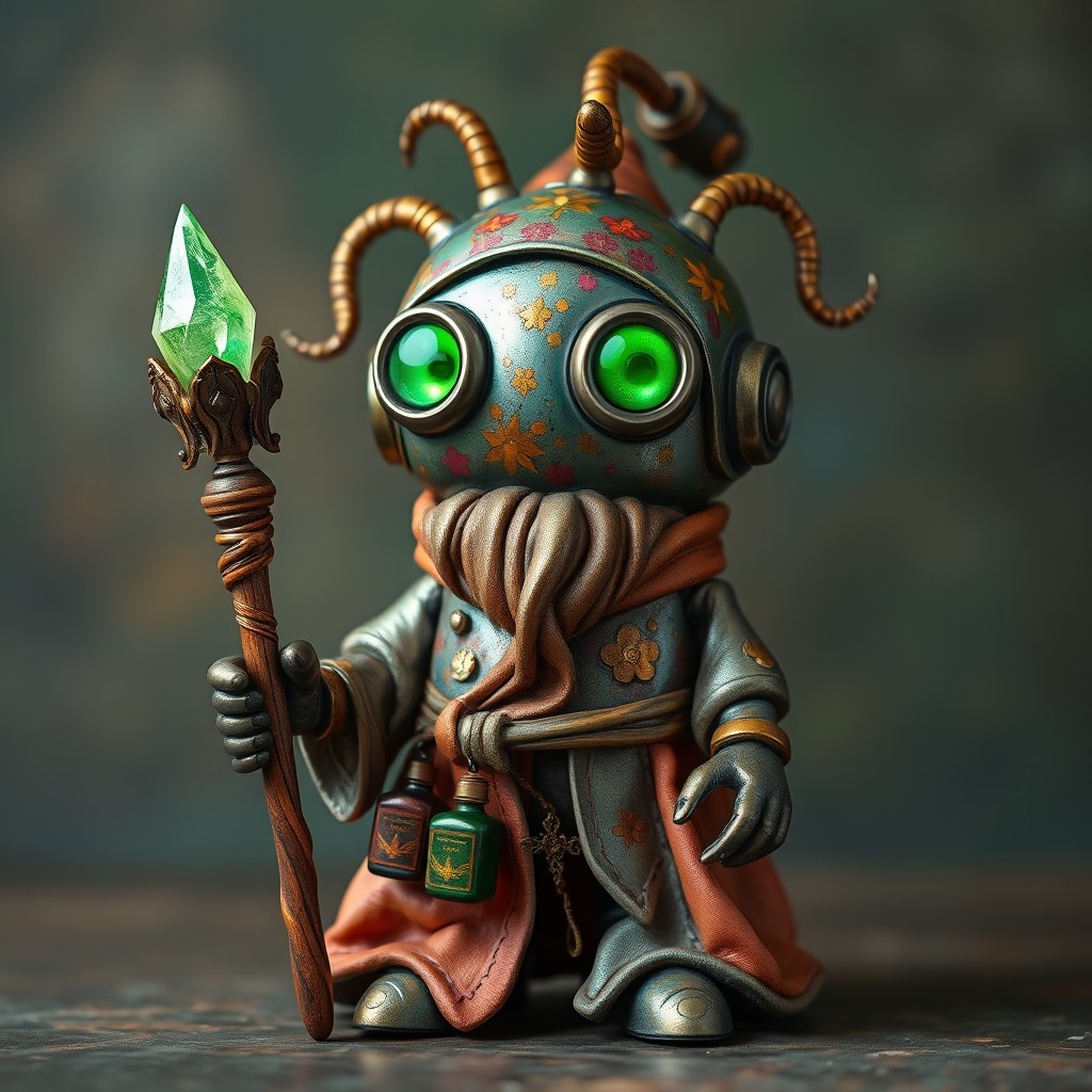 A small and expressive auto gnome named Gizmo, standing about 1 meter tall