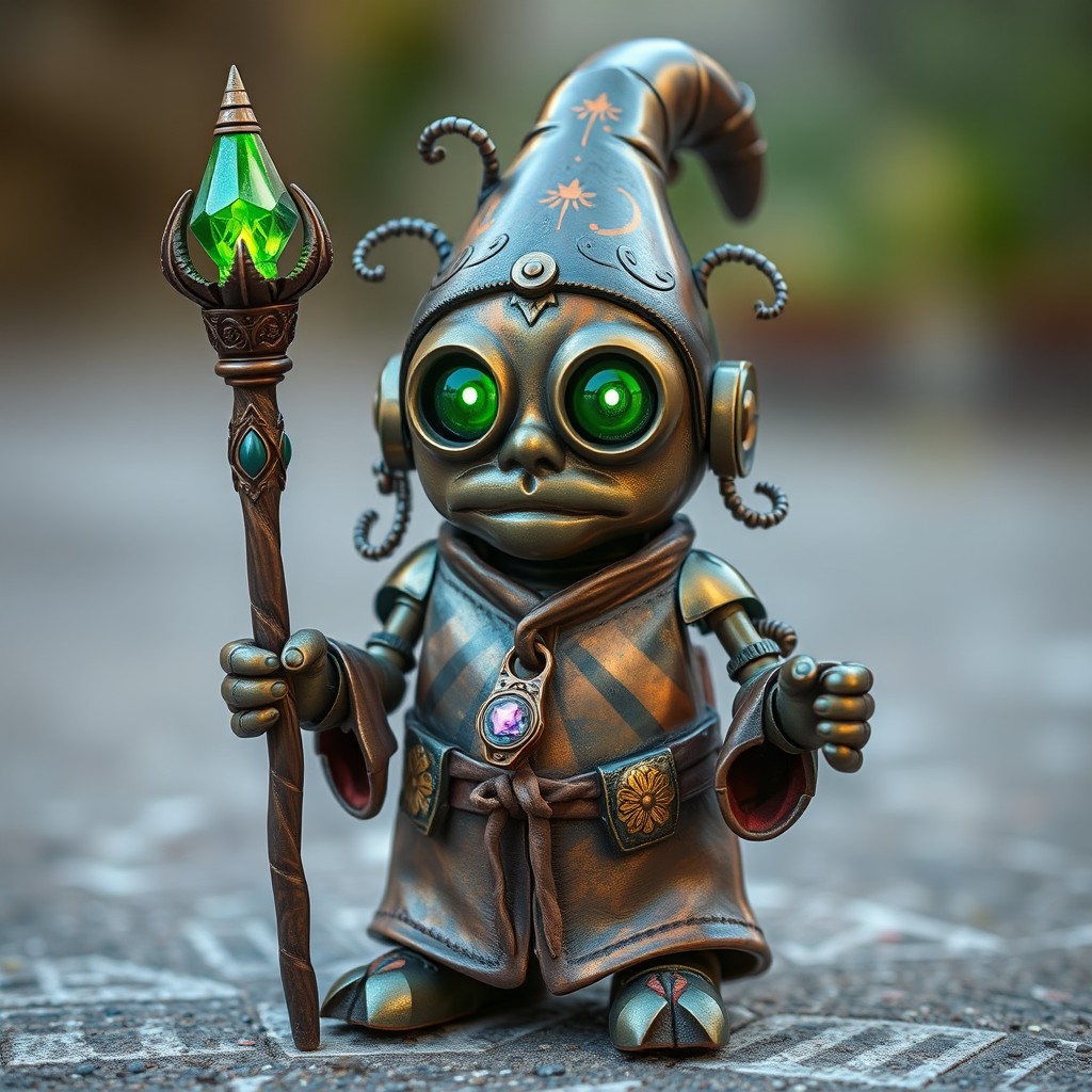 Gizmo, a small yet expressive automaton gnome standing about 1 meter tall, with a metallic body covered in bright patina that gives it the appearance of an ancient yet wise creature