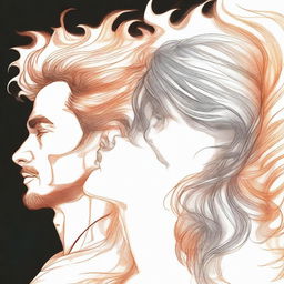 Create a detailed drawing of a man looking at a side-profile woman, her hair dynamically realized as flickering flames.