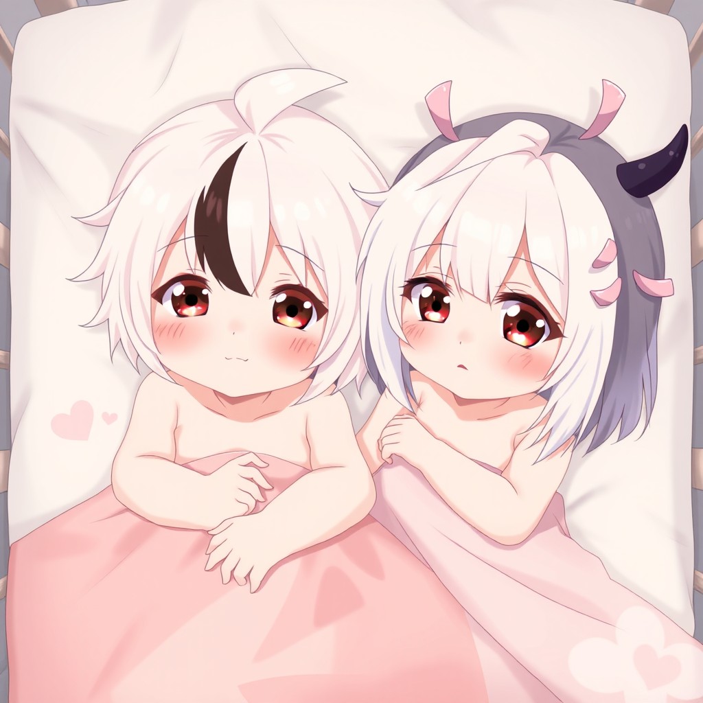 Two anime baby girls nestled in a crib with soft white sheets