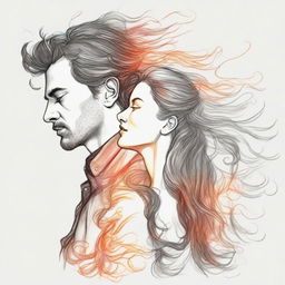 Create a detailed drawing of a man looking at a side-profile woman, her hair dynamically realized as flickering flames.