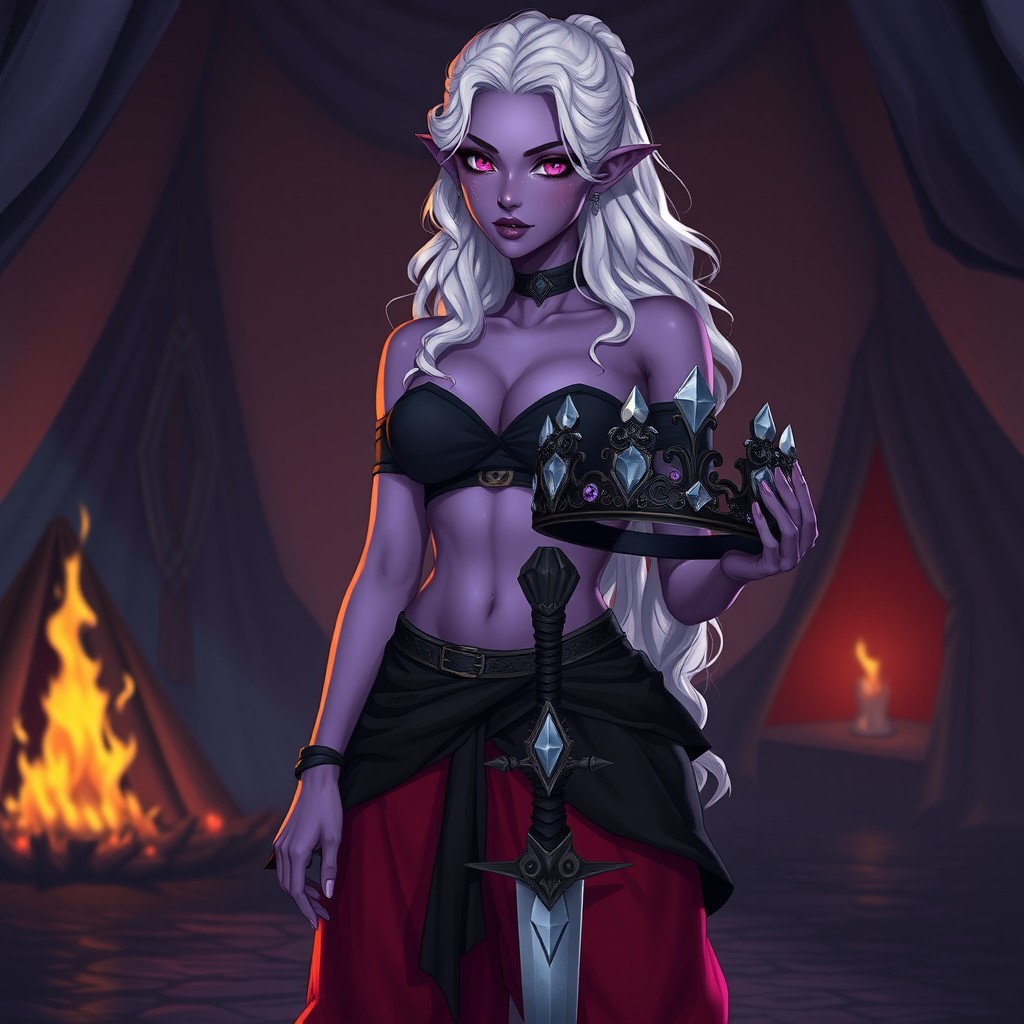 A stunning adult Drow woman with a defined, slender body and well-defined abs