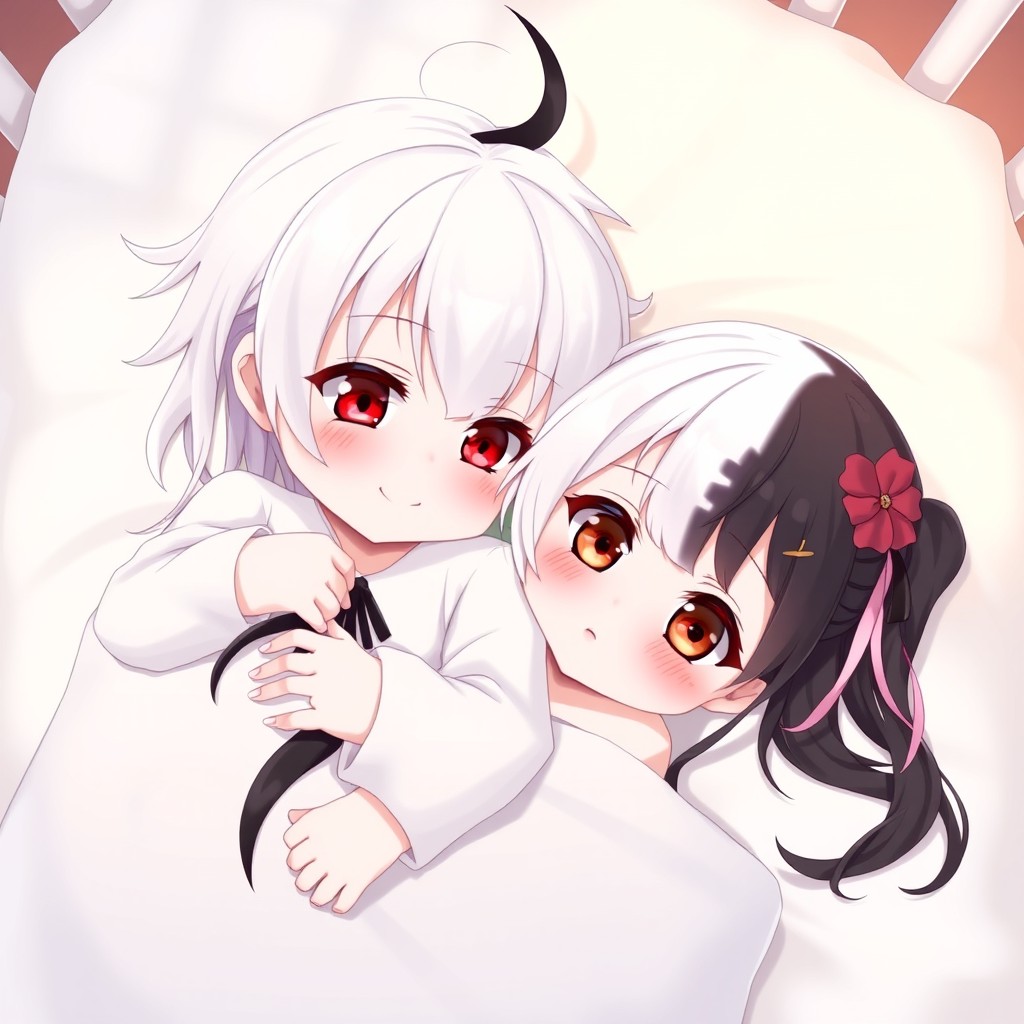 Two anime baby girls nestled in a cozy crib with soft white sheets