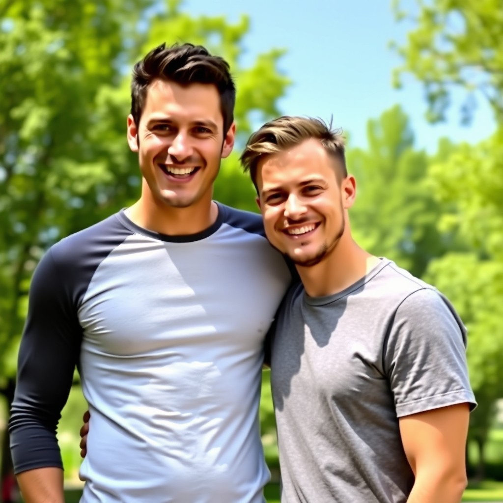 A joyful and candid moment featuring two men, Levan Saginashvili and Andrey Smaev, standing side by side and smiling warmly at the camera