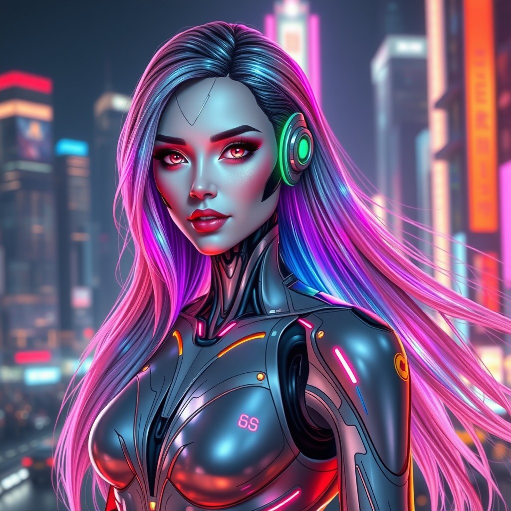 A futuristic scene featuring a stunning AI woman, designed with sleek metallic features and glowing accents