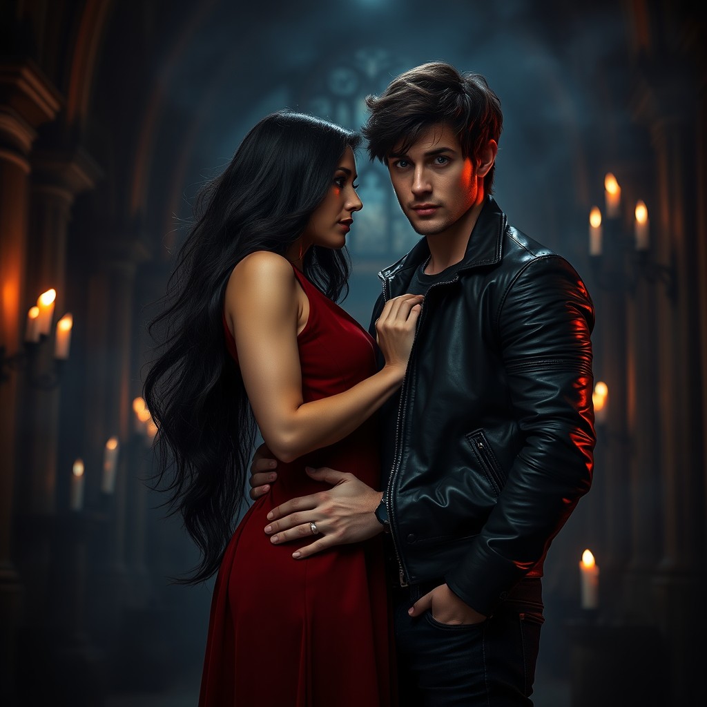 A passionate dark romance couple standing close together in a dimly lit, atmospheric setting