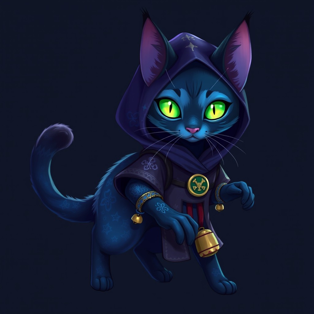 A graceful Tabaxi named Nocturne, with fur shimmering in deep blue and purple hues, resembling a starry night sky