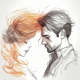 Create a detailed drawing of a man looking at a side-profile woman, her hair dynamically realized as flickering flames.