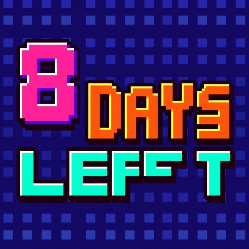 A vibrant pixel art text design that reads '8 DAYS LEFT', featuring bold and colorful pixelated letters
