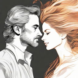 Create a detailed drawing of a man looking at a side-profile woman, her hair dynamically realized as flickering flames.