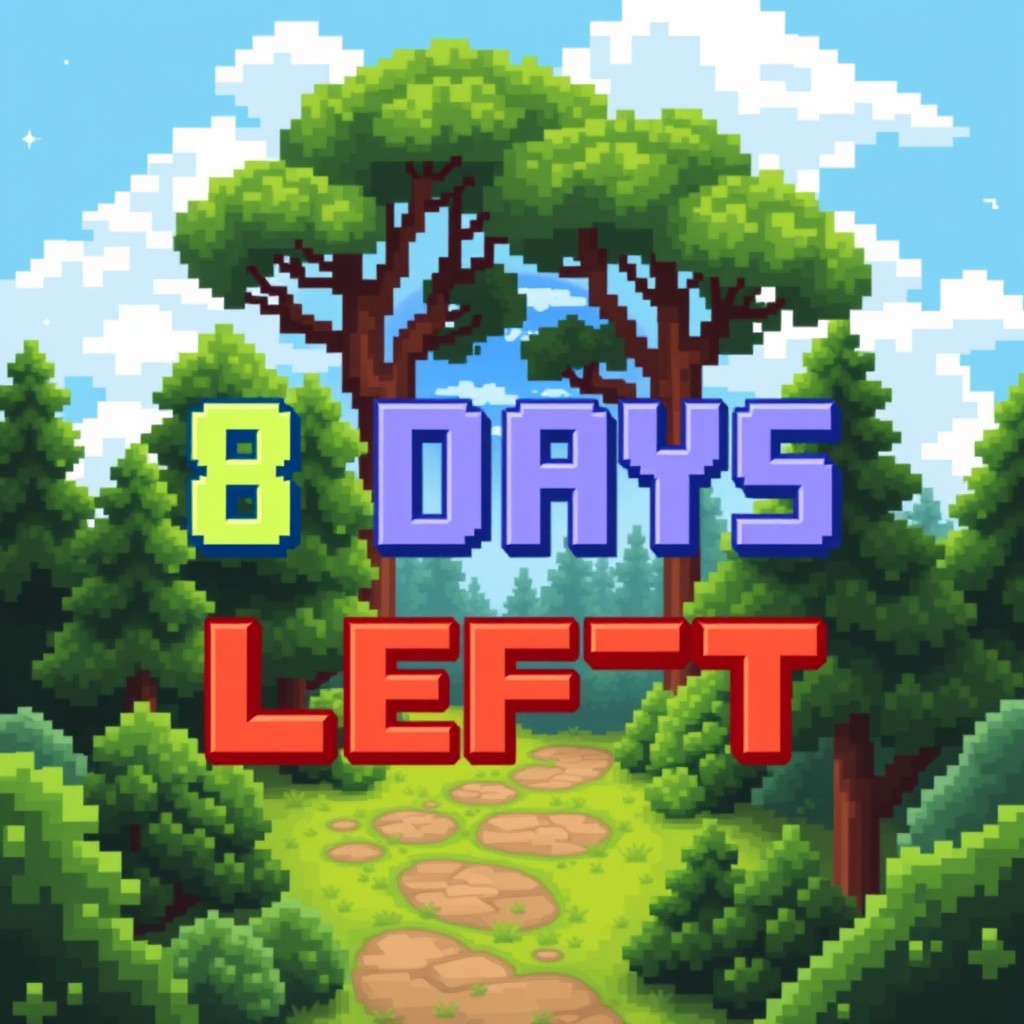 A charming pixel art design featuring the text '8 DAYS LEFT' in large, colorful pixelated letters