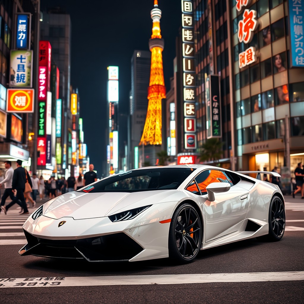A stunning white Lamborghini Revuelto parked on a bustling Tokyo street, perfectly juxtaposed against the vibrant urban backdrop