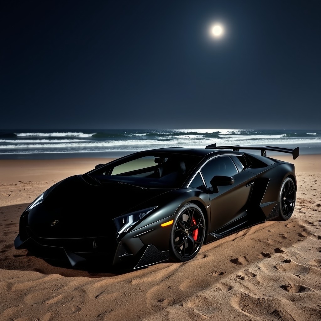A sleek black Lamborghini Veneno parked on a deserted beach at night, with the moonlight glistening on the car's polished exterior