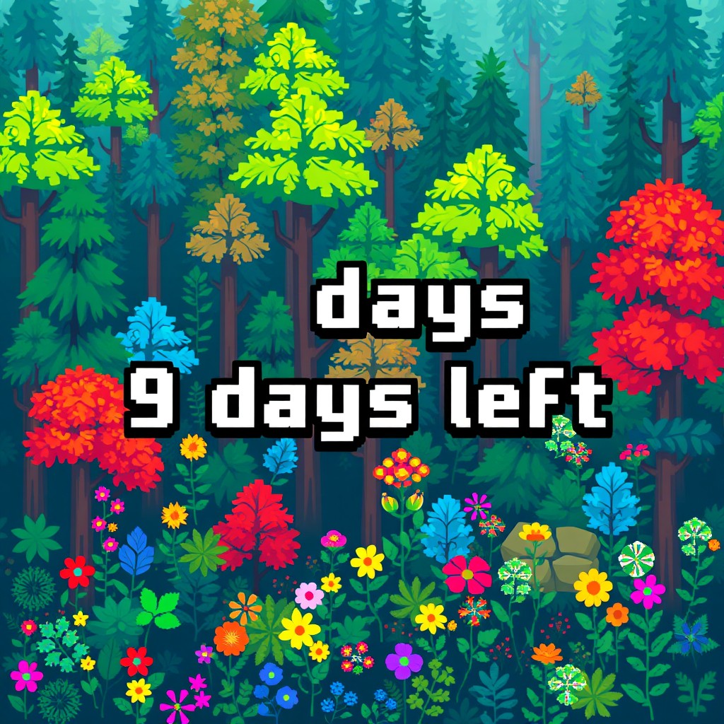 A pixel art scene featuring a dense and colorful pixelated forest background