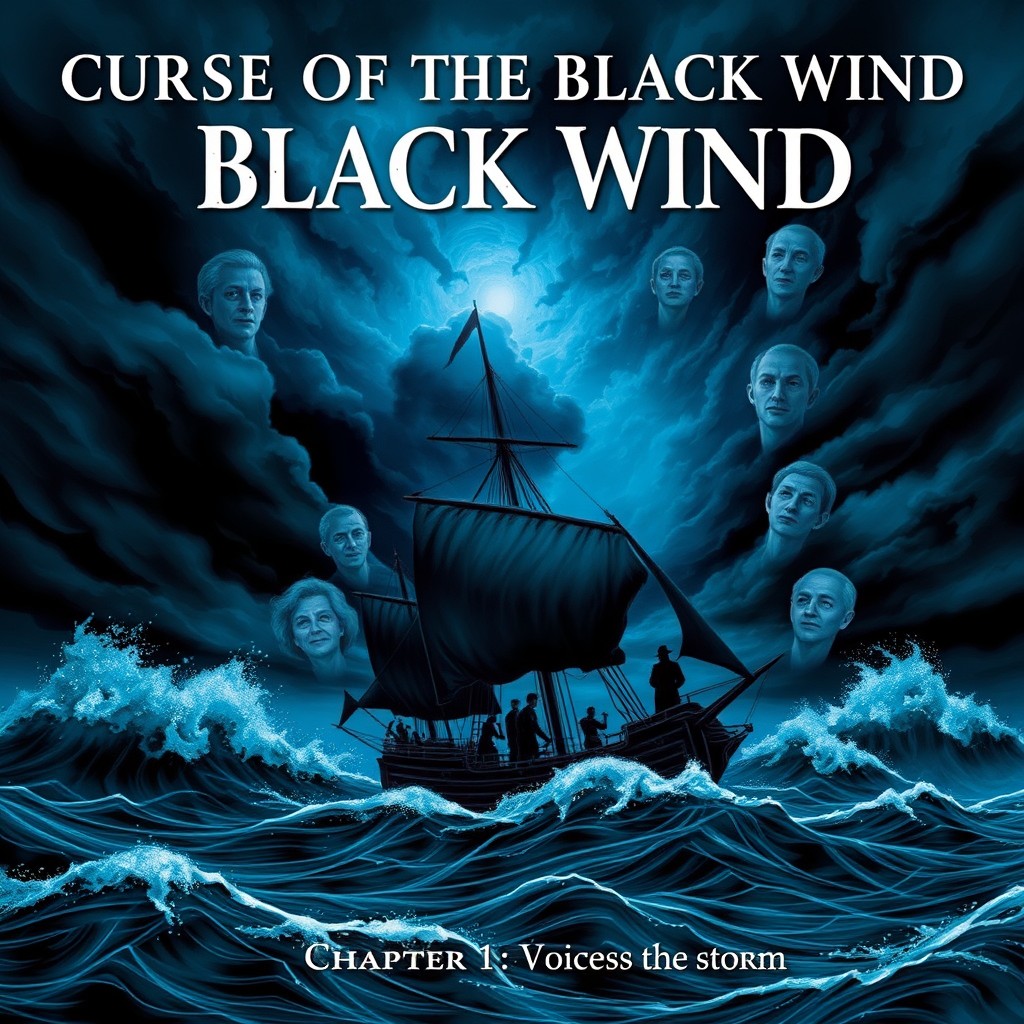 A dark and mysterious seascape on the cover, showcasing a raging storm filling the sky with swirling dark clouds in deep shades of blue and black