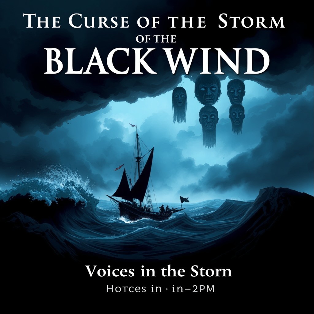 A dark and mysterious landscape illustrating a raging storm, with the sky filled with dark clouds in deep shades of blue and black