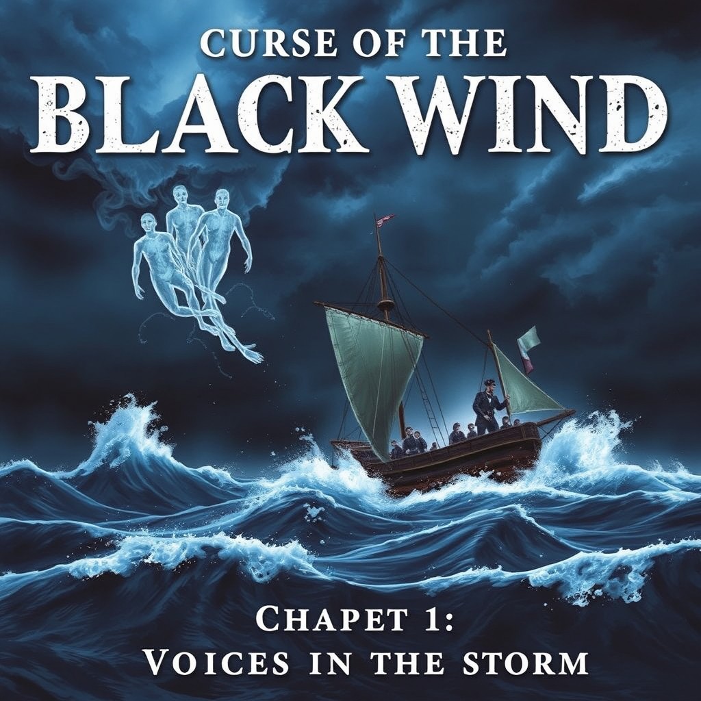 A dark and mysterious seascape featuring a raging storm, with the sky filled with dark clouds in deep shades of blue and black