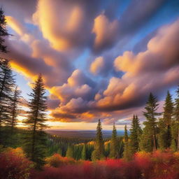 An enchanting sunset scene with multicolored clouds hovering over a dense forest of trees.