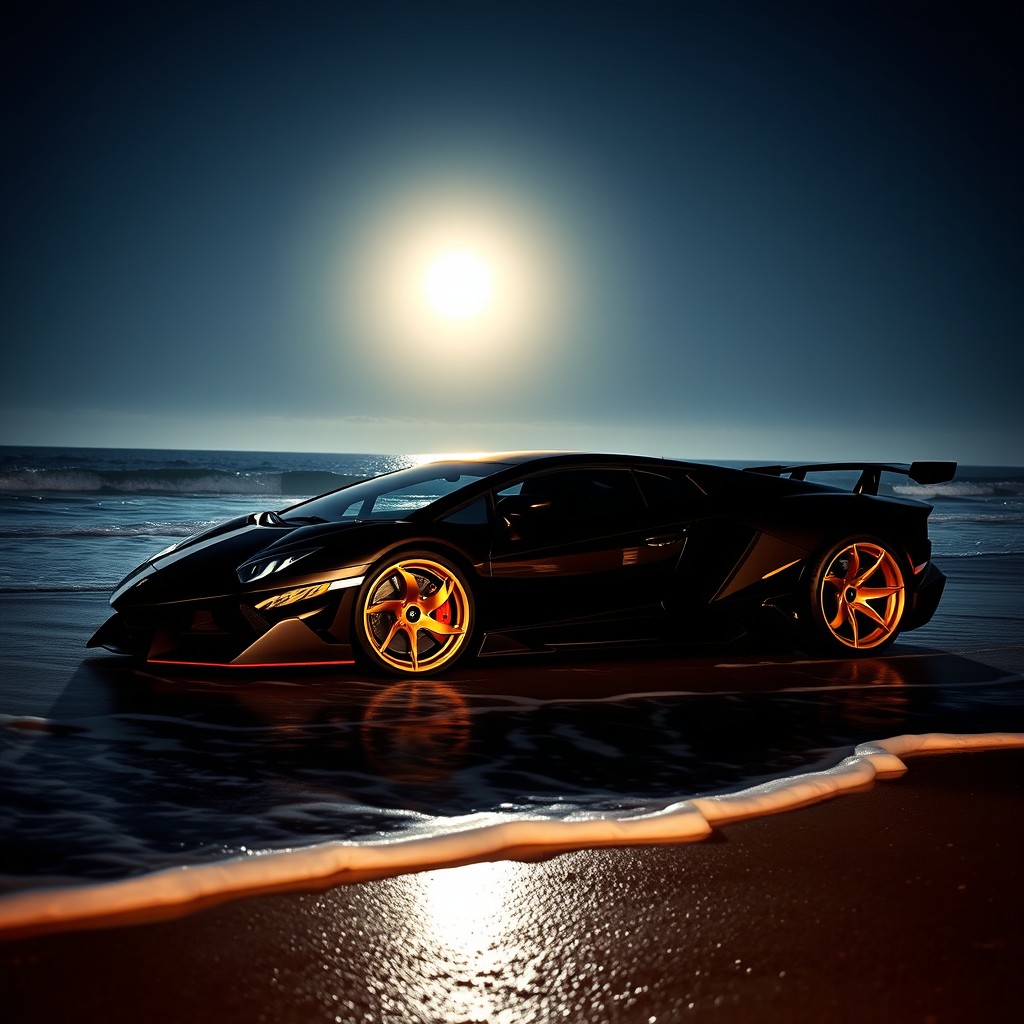 A captivating black Lamborghini Veneno with golden rims parked on a picturesque beach at night, illuminated by the bright glow of a full moon