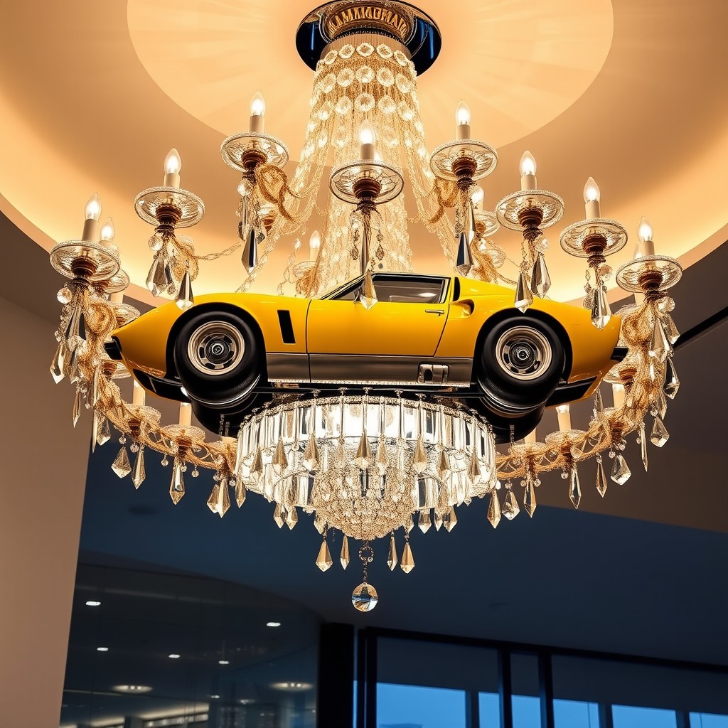 A striking chandelier designed with a vibrant yellow Lamborghini Miura suspended elegantly at its center, surrounded by intricate crystal accents that shimmer in the light
