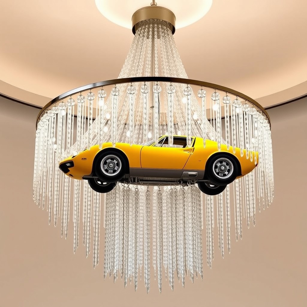 A stunning chandelier featuring a vibrant yellow Lamborghini Miura elegantly suspended at its center