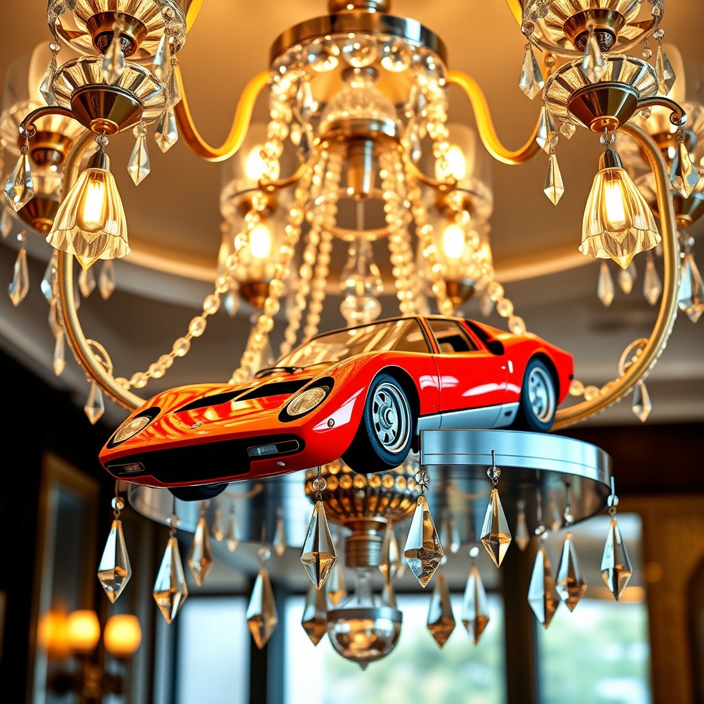 A luxurious chandelier featuring a stunning Lamborghini Miura as its centerpiece