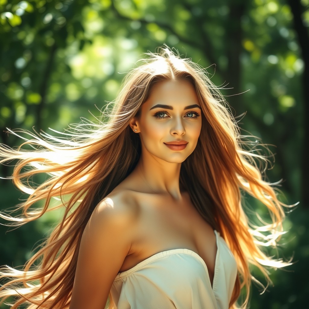A woman with long flowing hair standing in a serene natural setting, surrounded by lush greenery