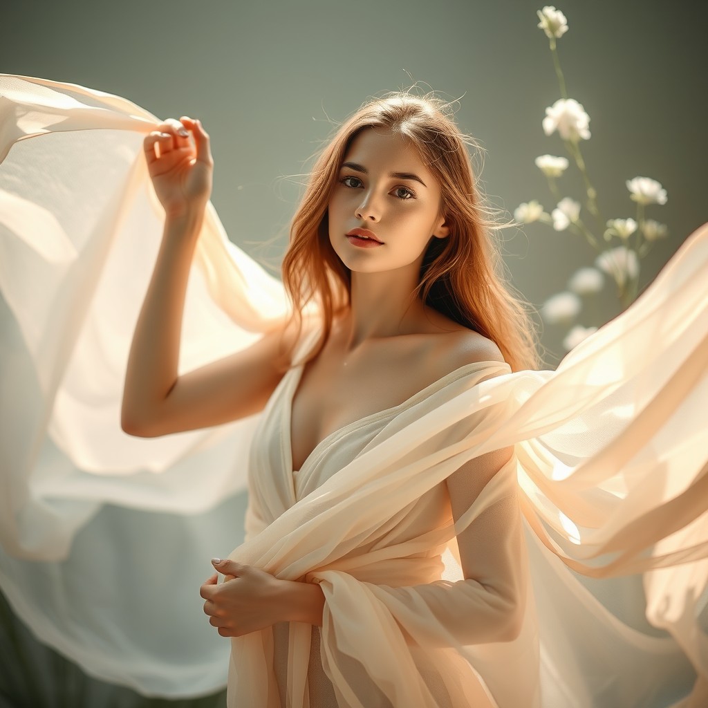 A female figure depicted gracefully standing in an ethereal setting, showcasing her natural beauty and elegance, surrounded by flowing fabrics and soft light