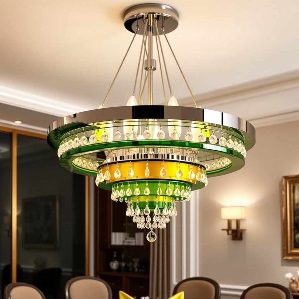 A luxurious chandelier inspired by the iconic Lamborghini Miura, featuring sleek lines and curves reminiscent of the car's design