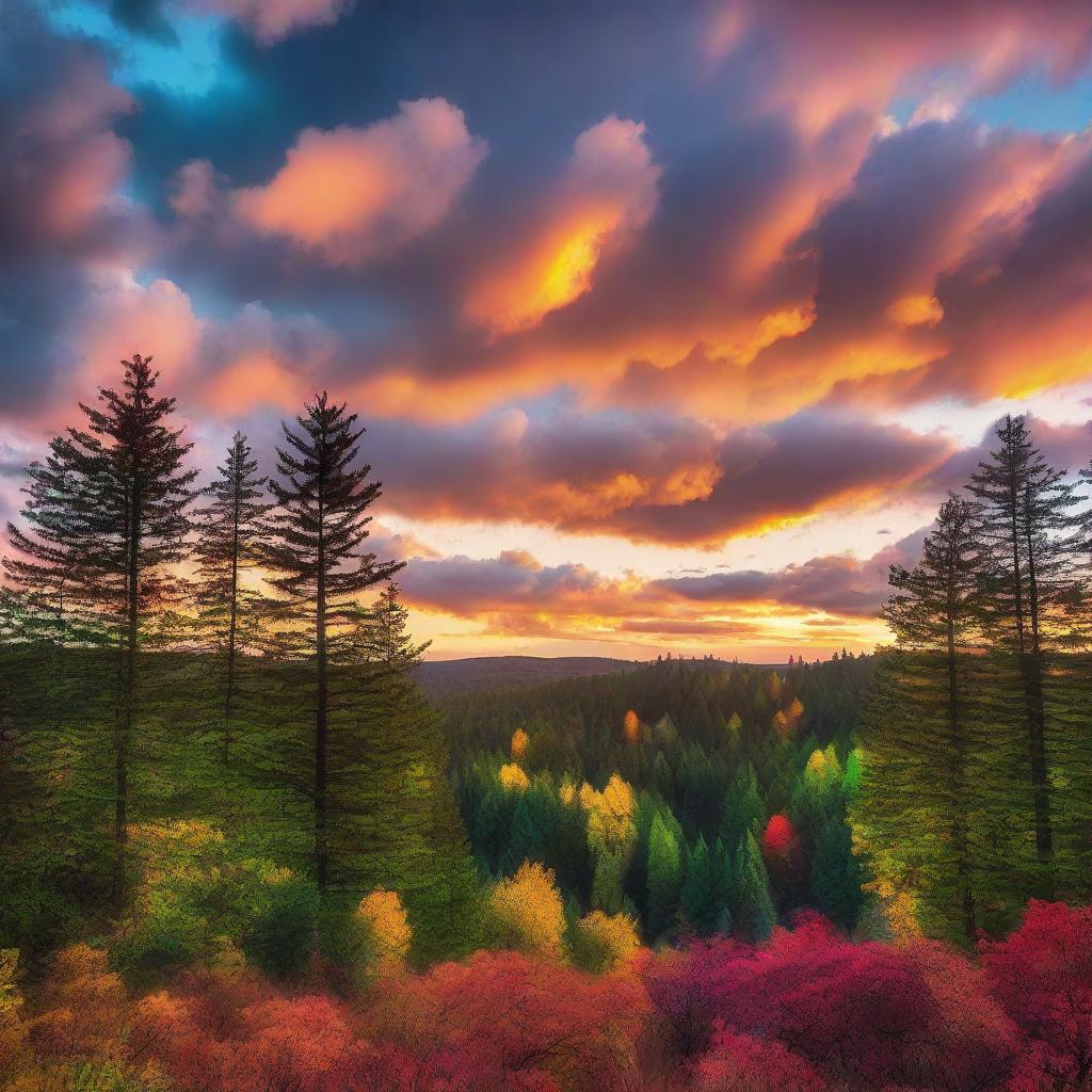 An enchanting sunset scene with multicolored clouds hovering over a dense forest of trees.