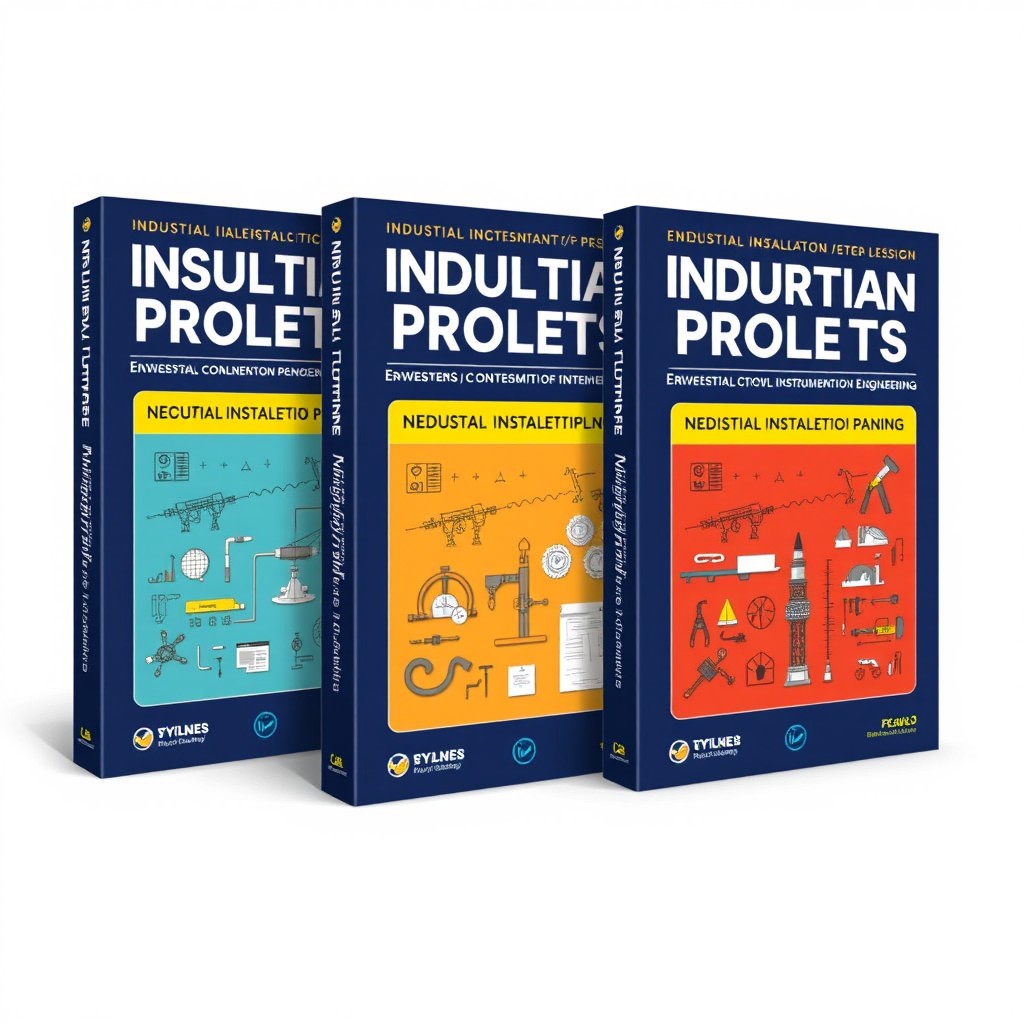 A detailed book cover design for a three-volume collection on industrial installation projects aimed at undergraduate students