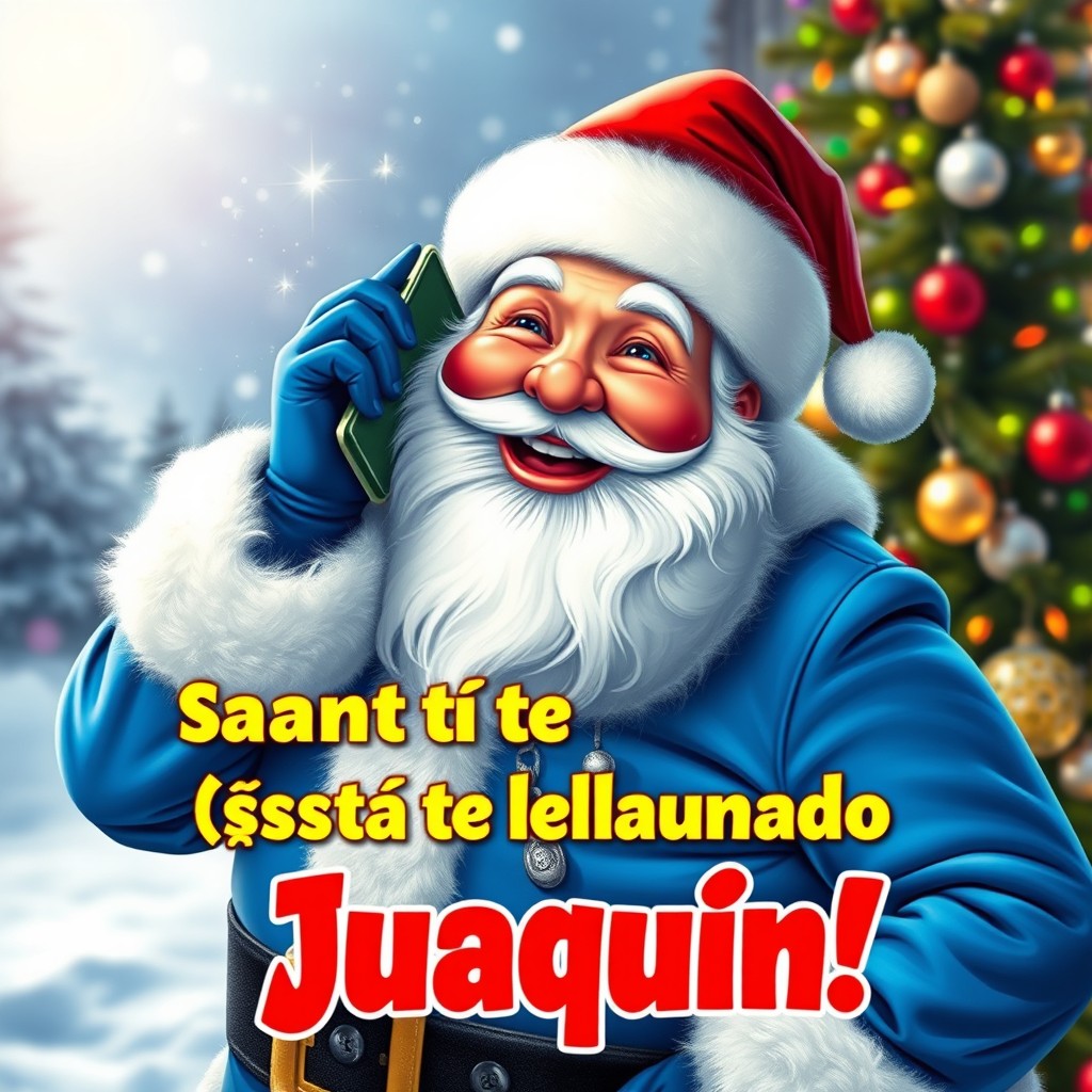 A joyful Santa Claus in a bright blue suit with white fur trim, smiling while holding a cellphone to his ear as if making a call