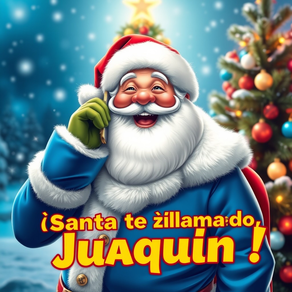 A joyful Santa Claus in a bright blue suit with white fur trim, smiling while holding a cellphone to his ear as if making a call