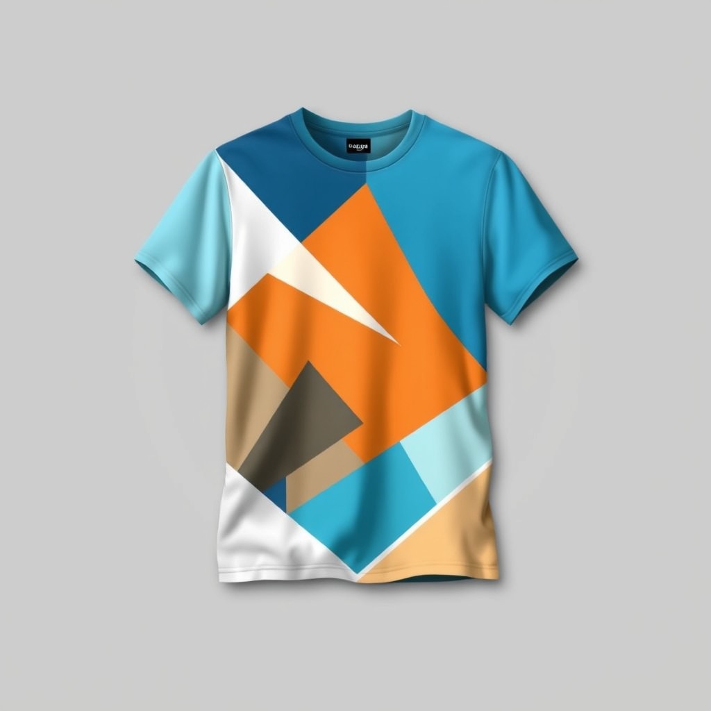 A stylish and modern graphic T-shirt design featuring a vibrant abstract geometric pattern in shades of blue, orange, and white