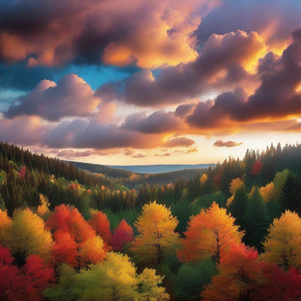 An enchanting sunset scene with multicolored clouds hovering over a dense forest of trees.