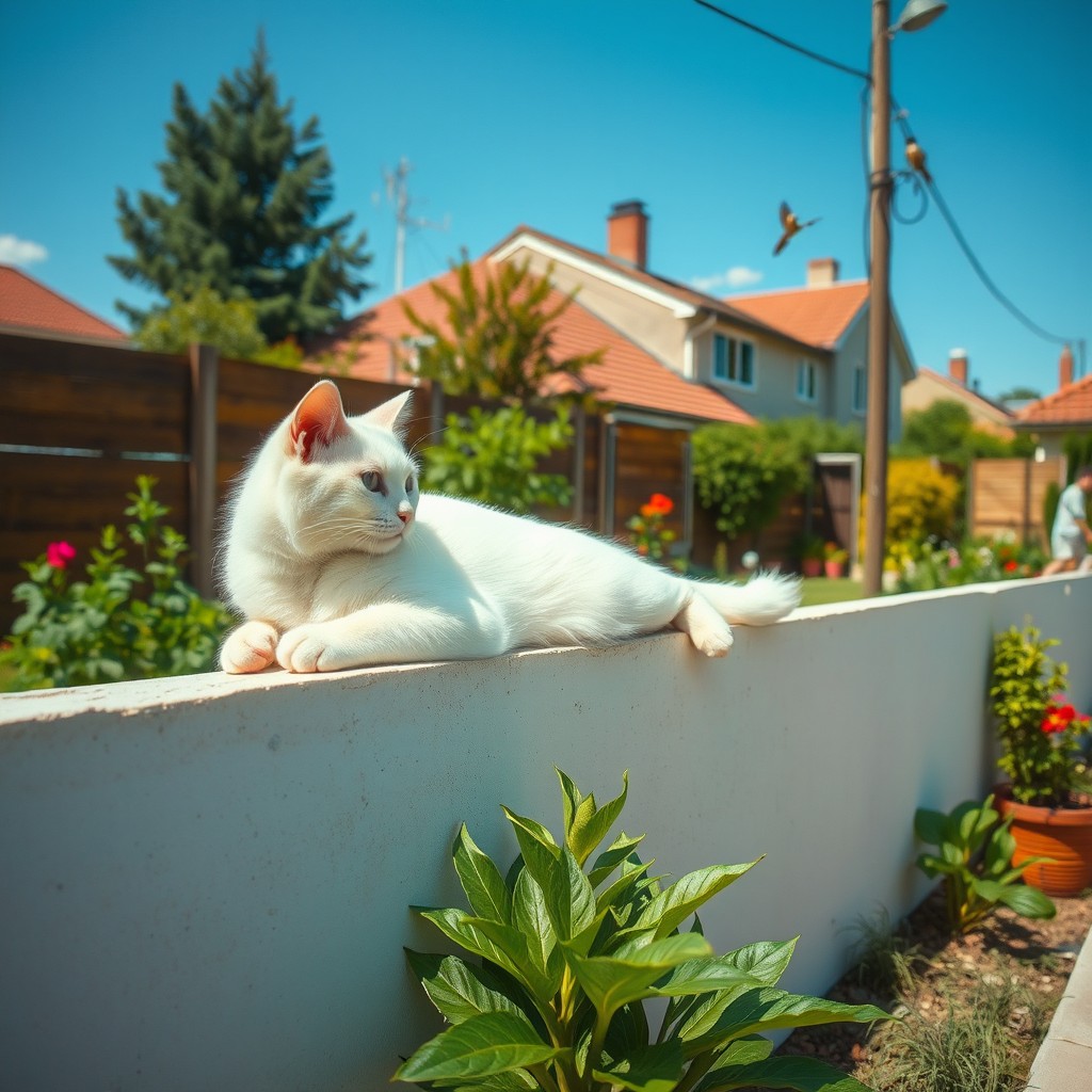 On a sunny morning, a beautiful white cat stretches out on the wall of a small garden