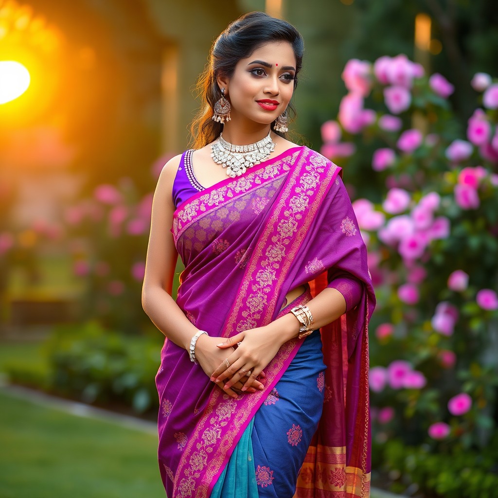 An elegant Indian woman wearing a beautiful, intricately designed saree with vibrant colors and stunning embroidery