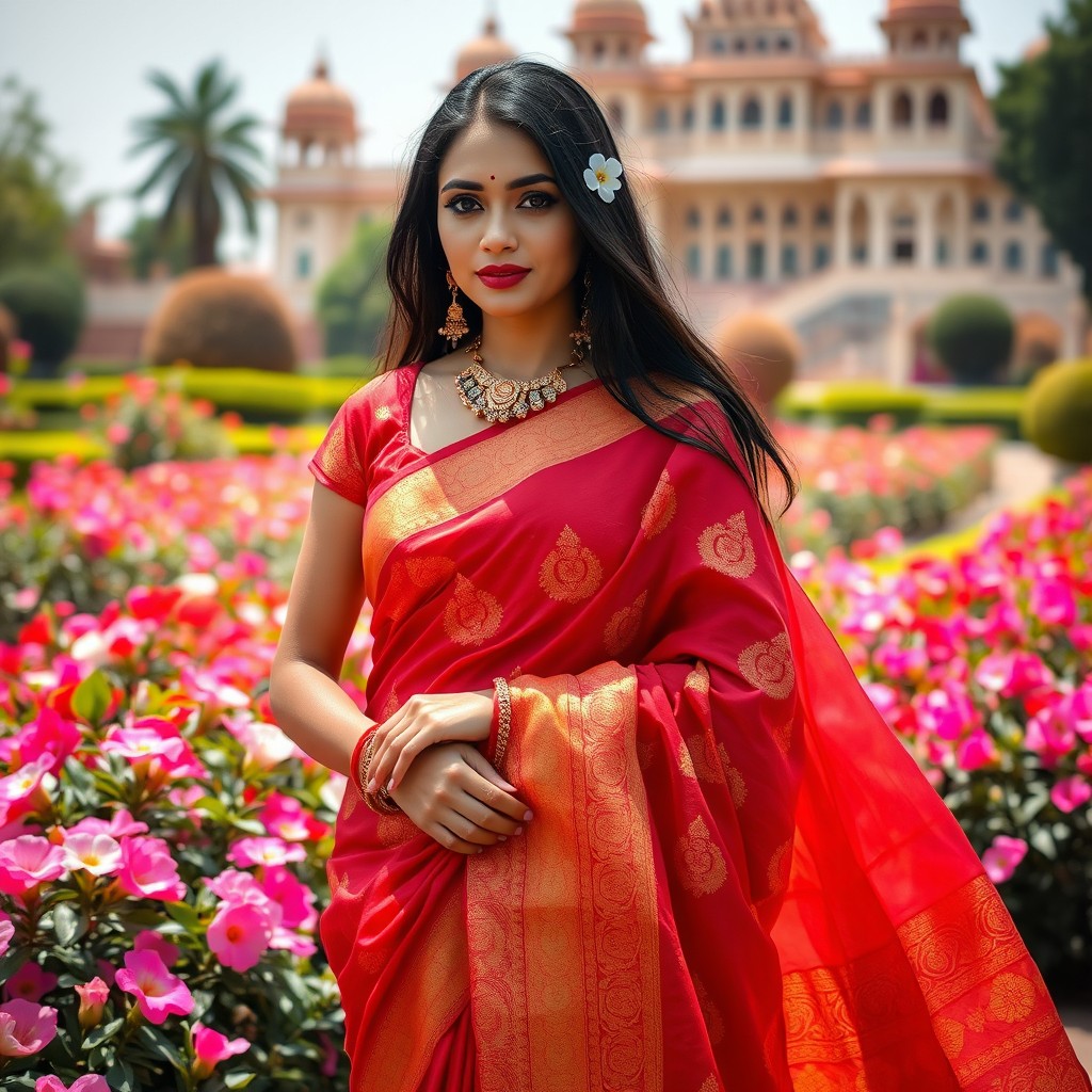 An elegant Indian woman gracefully draped in a vibrant saree with intricate patterns, standing in a lush garden filled with blooming flowers