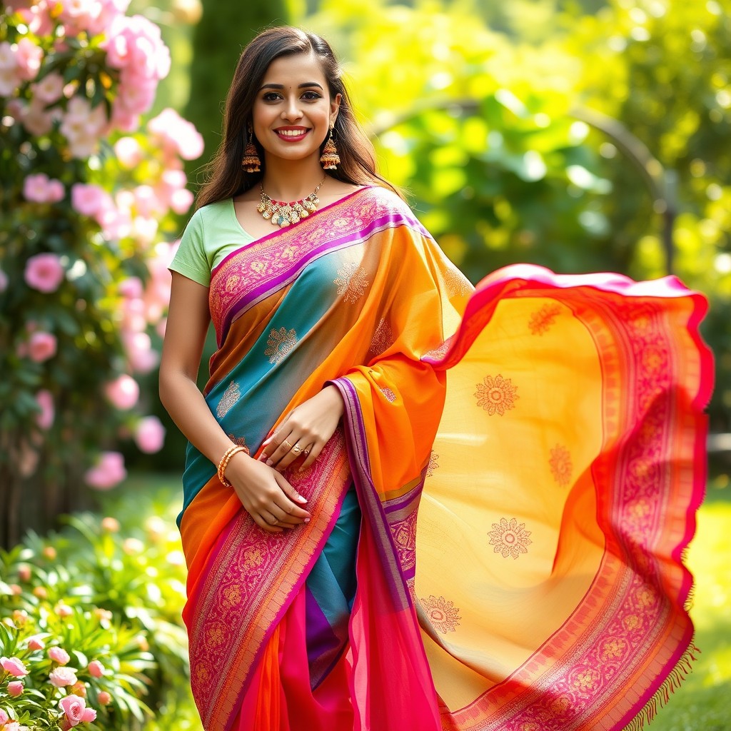 A beautifully draped saree in vibrant colors, showcasing intricate designs and patterns