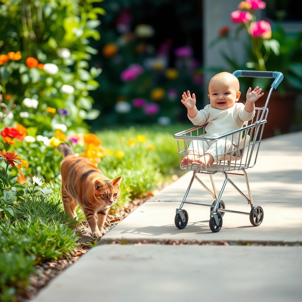 A serene garden scene featuring a curious cat cautiously approaching the edge of a gently sloping sidewalk