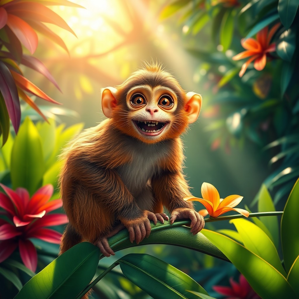 A vibrant and lively monkey perched on a lush green branch, surrounded by colorful tropical leaves and flowers