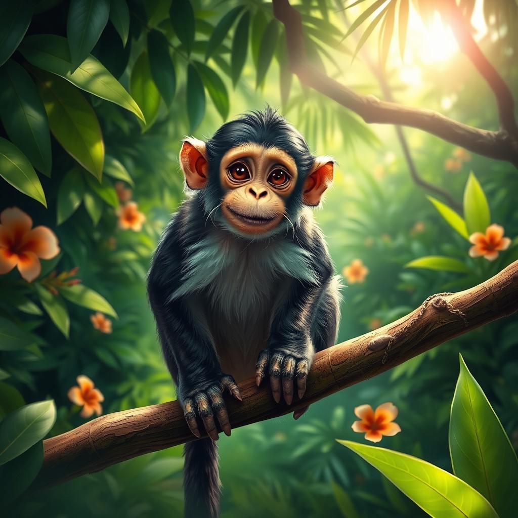 A realistic and detailed portrait of a monkey sitting on a branch in a lush green jungle environment