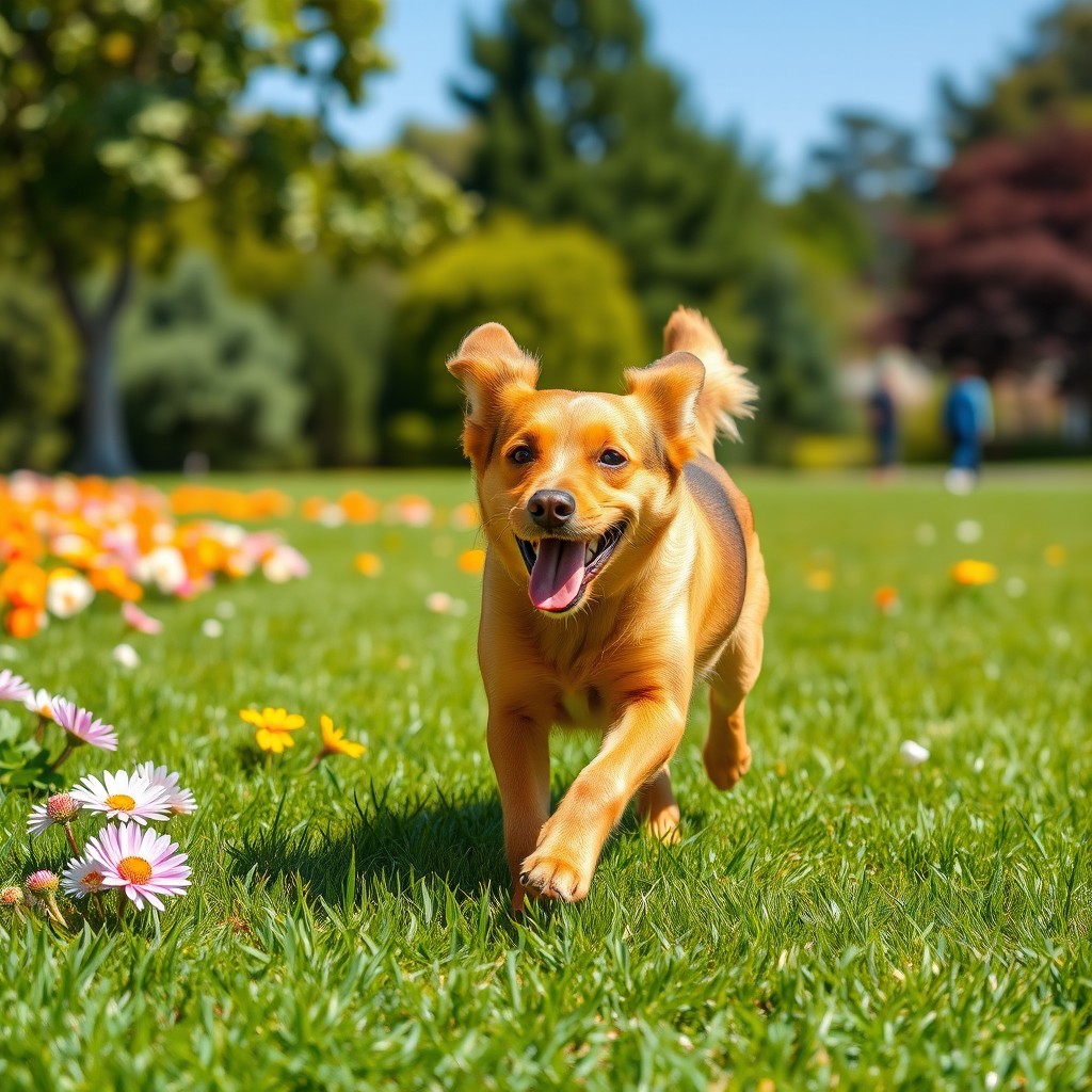 A playful dog running in a sunny park with vibrant green grass and colorful flowers around