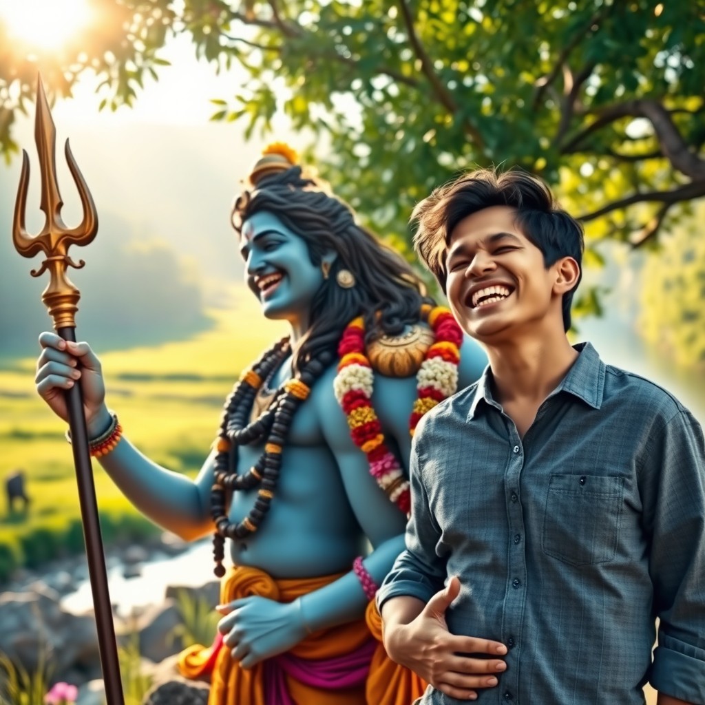 A vibrant scene capturing a joyful moment between a person and Lord Shiva, both laughing heartily together