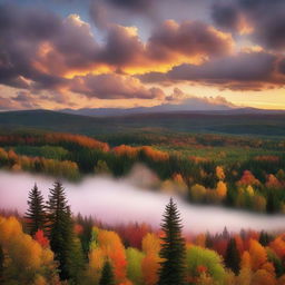 An enchanting sunset scene with multicolored clouds hovering over a dense forest of trees.