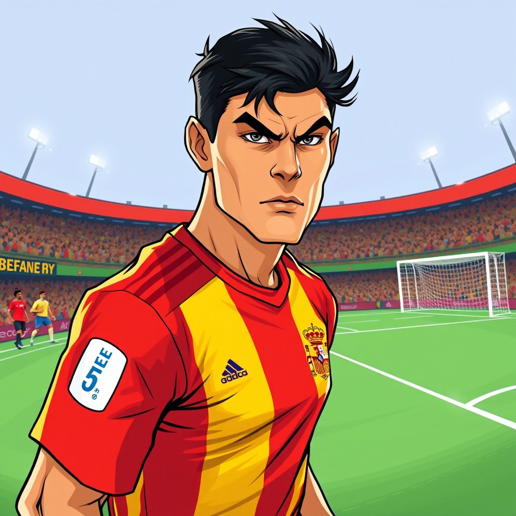 A tan male figure wearing a vibrant Spain national football team jersey, illustrated in the dynamic and high-energy art style of 'Blue Lock'