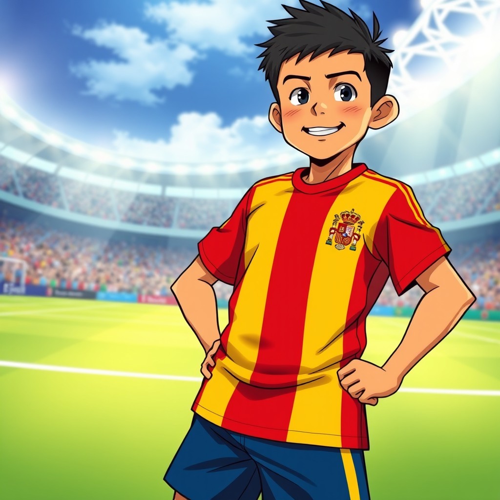 A tan boy wearing a vibrant Spain national soccer jersey, showcasing his enthusiasm for the sport